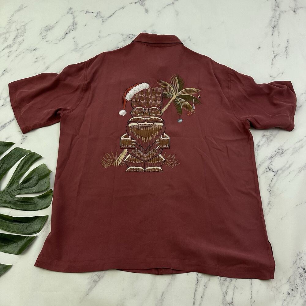 Tori Richard Mens Tiki Santa Christmas Hawaiian Shirt Size L Red Silk Tropical